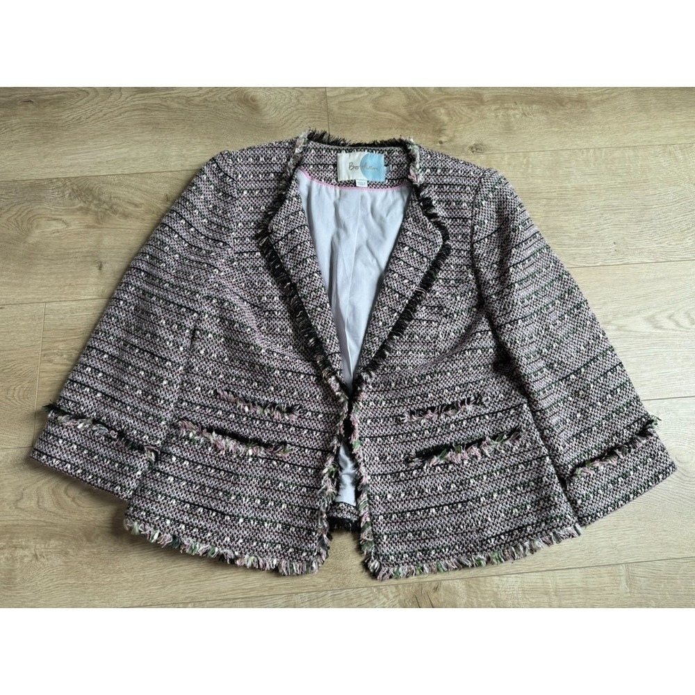 EUC Women Boden Pink Black Tweed 3/4 Sleeve Blazer jacket workwear pocket Size 8